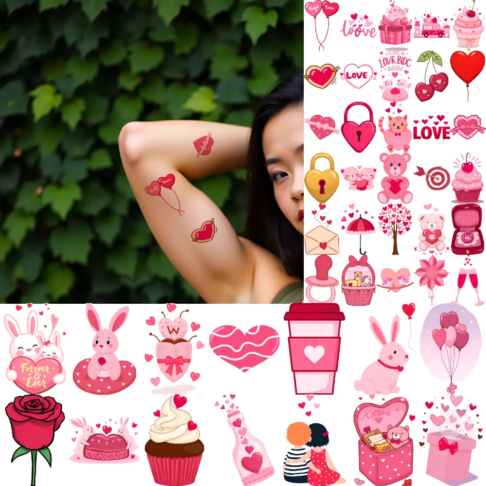 63pcs Waterproof Temporary Tattoo Stickers – Hearts, Bears & Balloons