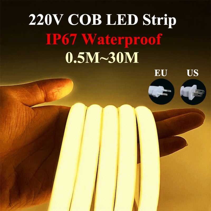 COB LED Light Strip AC 220V LED Strip Light IP67 Waterproof Outdoor LED Light Strip 0.5M-30M 360 LEDs/M Decor For Room With Plug Oasis Select