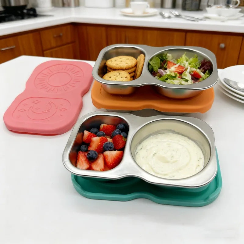 4pcs 2 Compartment 304 Stainless Steel Snack Containers Leakproof Silicone Lids 5.3oz Reusable Salad Dressing Sauce Food Storage Oasis Select