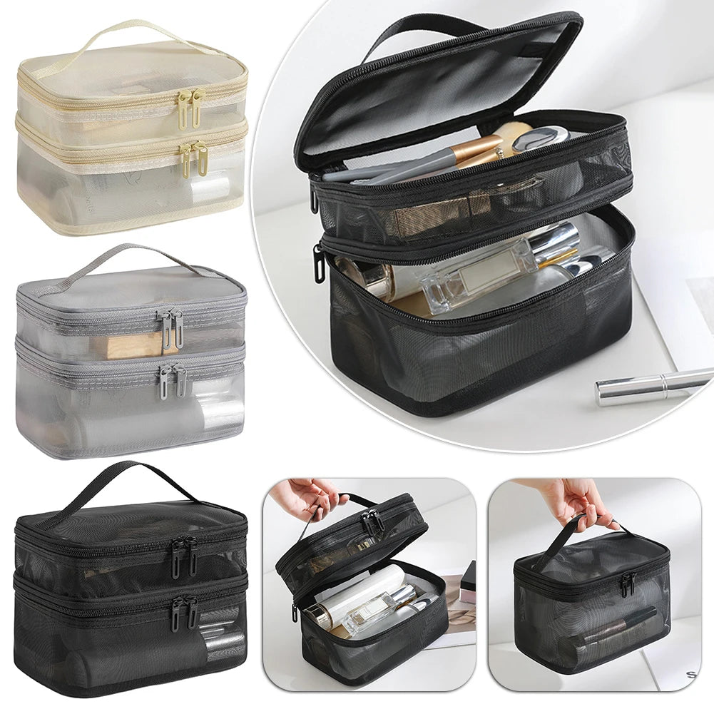 Double Layer Mesh Cosmetic Bag – Large Travel Makeup Organiser