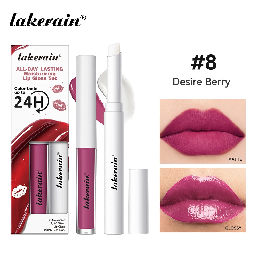 Lakerain Moisturizing Lip Gloss 2-in-1 Set Waterproof Sweat-proof Matte Topcoat Finish Long Lasting Moisturizing Smooth Lip Skin Oasis Select Desire Berry