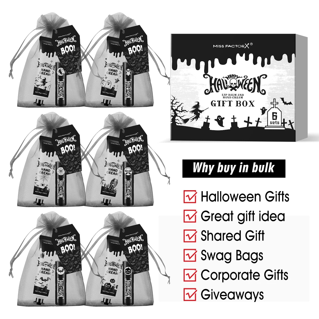 24PCS Halloween gift set (6 hand creams+6 lipstick) Each set includes a Halloween card and gift yarn bag Oasis Select