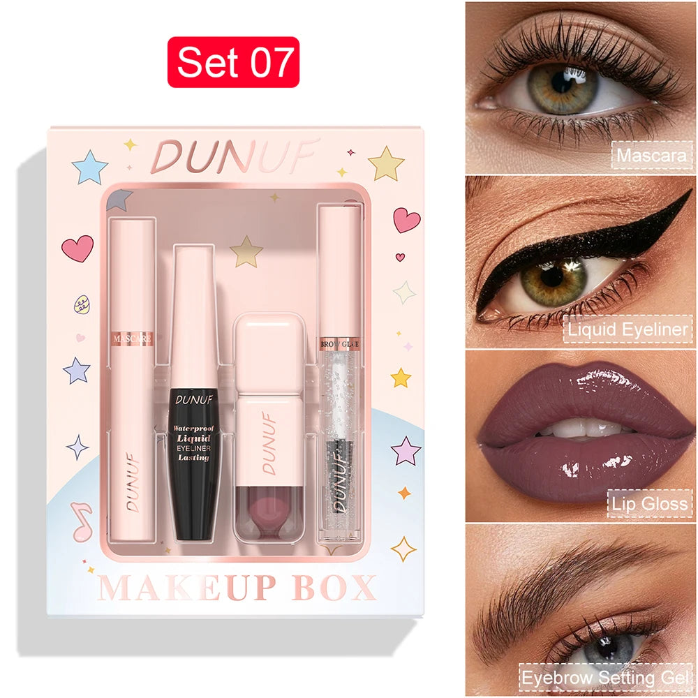 DUNUF 4-in-1 Makeup Gift Set Waterproof Long-Lasting Mascara Liquid Eyeliner Brow Setting Gel Moisturizing Lip Gloss with Mirror Oasis Select 07