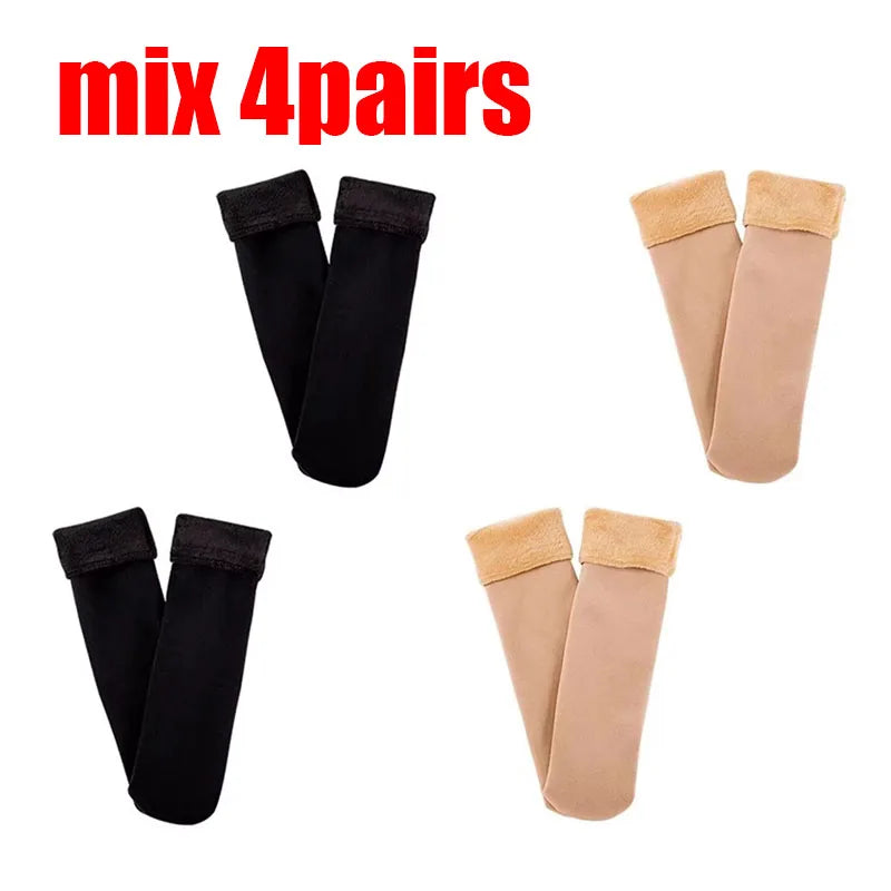 1/2/3/4Pairs Thermal Winter Thicken Plush Socks Women Solid Color Velvet Floor Socks Girls Fleece Lining Nylon Mid-Tube Stocking Oasis Select 4pairs mix One Size