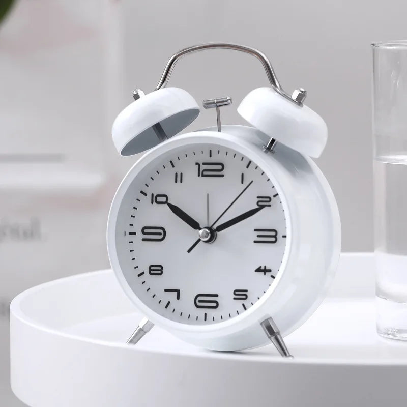 Alarm Clock Creative Metal Silent Night Light Fashion Multifunctional Personality Student Living Room Bedroom Bedside Bell Clock Oasis Select white