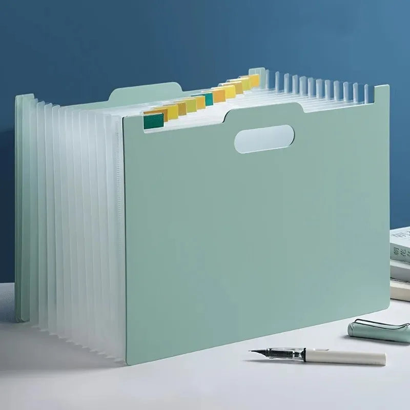 A4 File Organizer Foldable, Desktop Storage Box with Multiple Pockets & Labels, Durable ABS Plastic for Office Home School Oasis Select 1pc green