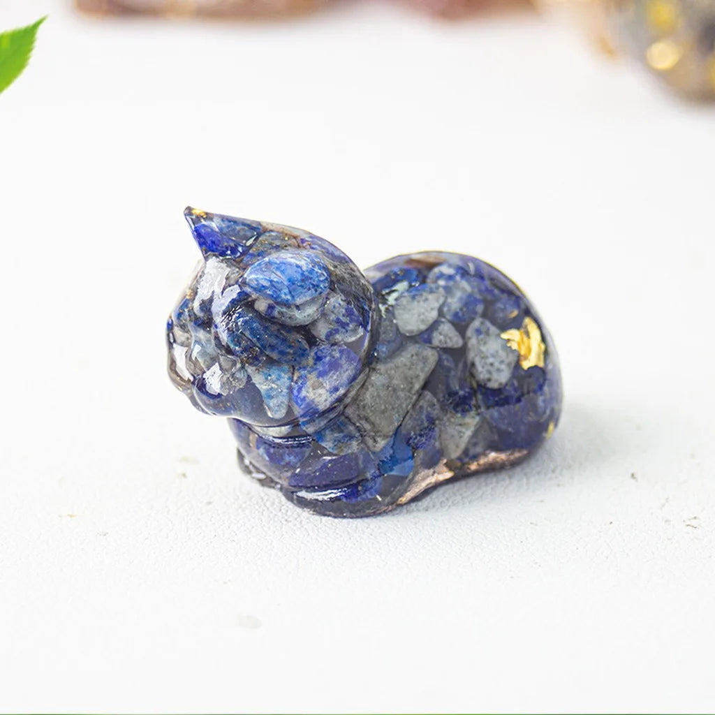 Crystal Chip Epoxy Lying Cat Figurine | Desk Decor & Gift