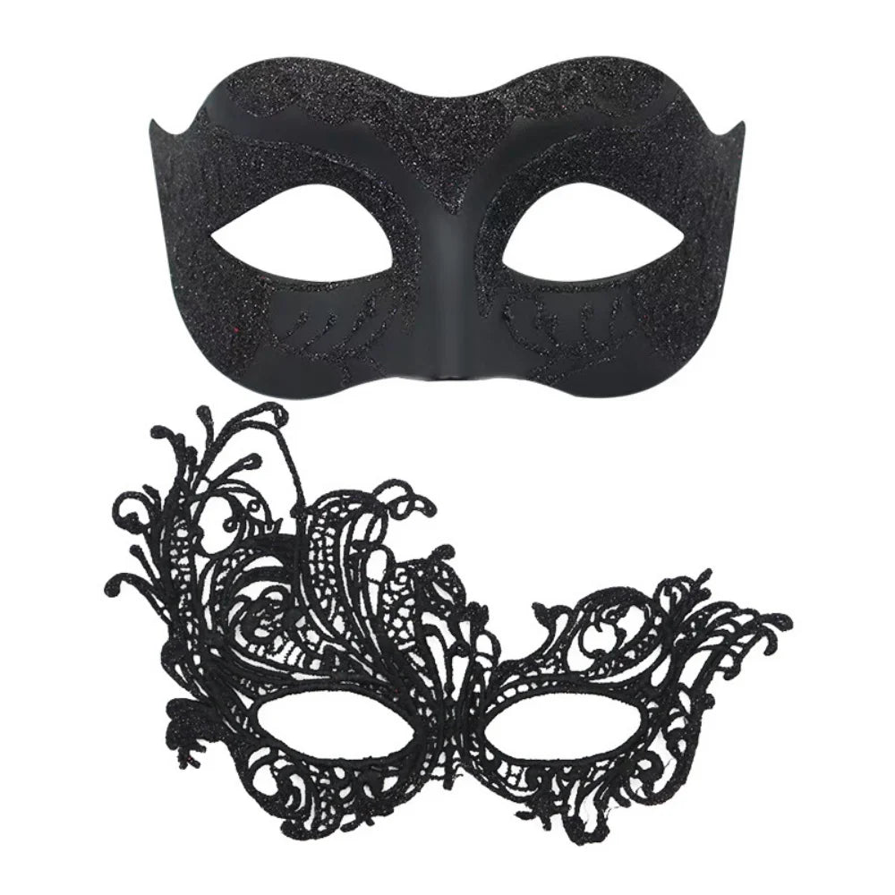 2PCS/set Couple Masks Lace Women Mask Men Painted Half Face Mask Eye Mask Set Party Masquerade Wedding Decoration Costume Prom Oasis Select Black 1