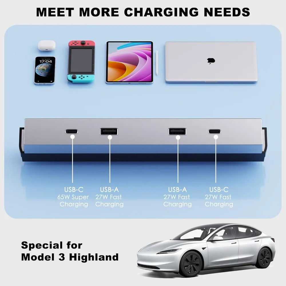 Custom Fit Tool-Free For Tesla Model YL Y Launch Juniper 65W Type-C USB HUB Fast Charging Model 3 Highland Expansion Dock Oasis Select