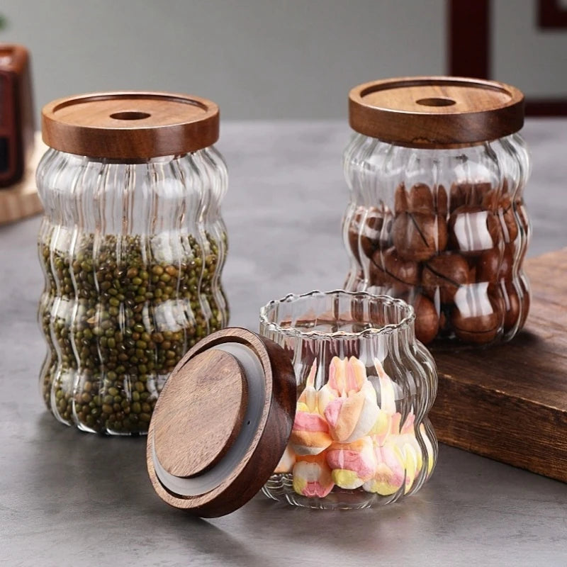 Wood Lid Striped Glass Airtight Canister Kitchen Storage Bottles Jars Food Container Coffee Beans Grains Candy Jar Containers Oasis Select