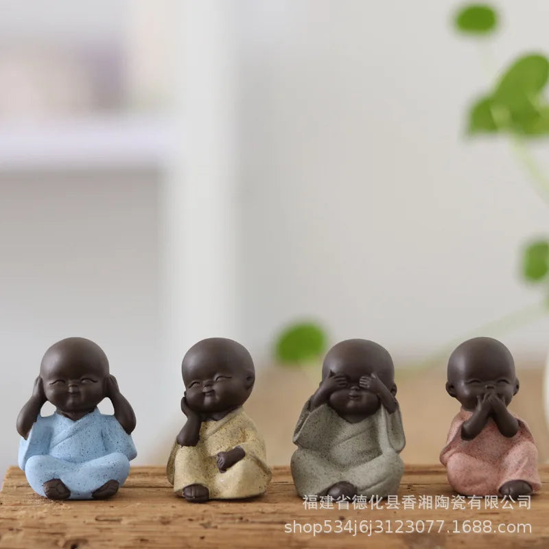 Mini Cute Purple Clay Four Little Monks Potted Plant Sha Mi Tea Pet Ceramic Buddha Home Decor Small Ornament Oasis Select 2