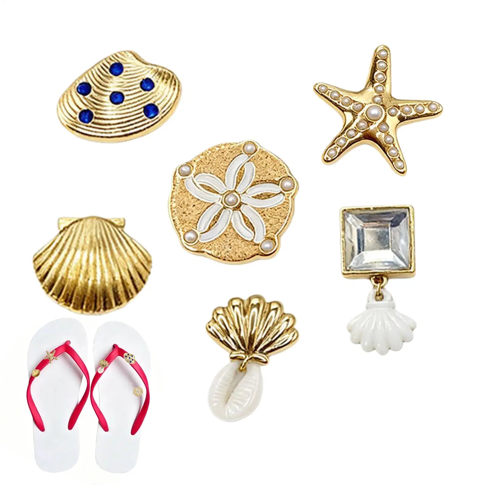 Slippers Charms for Sandals Sea Theme Shell Decor Sandal Charm Set Sandal Charms for Slippers Gold Sea Theme Shell Shoe Decor Oasis Select