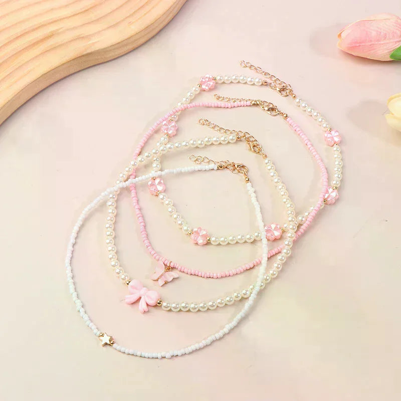4pcs/Set Girls' Butterfly Heart Flower Pearl & Beaded Handmade Necklace Set Children Teen Friendship Best Gift For Friends Oasis Select