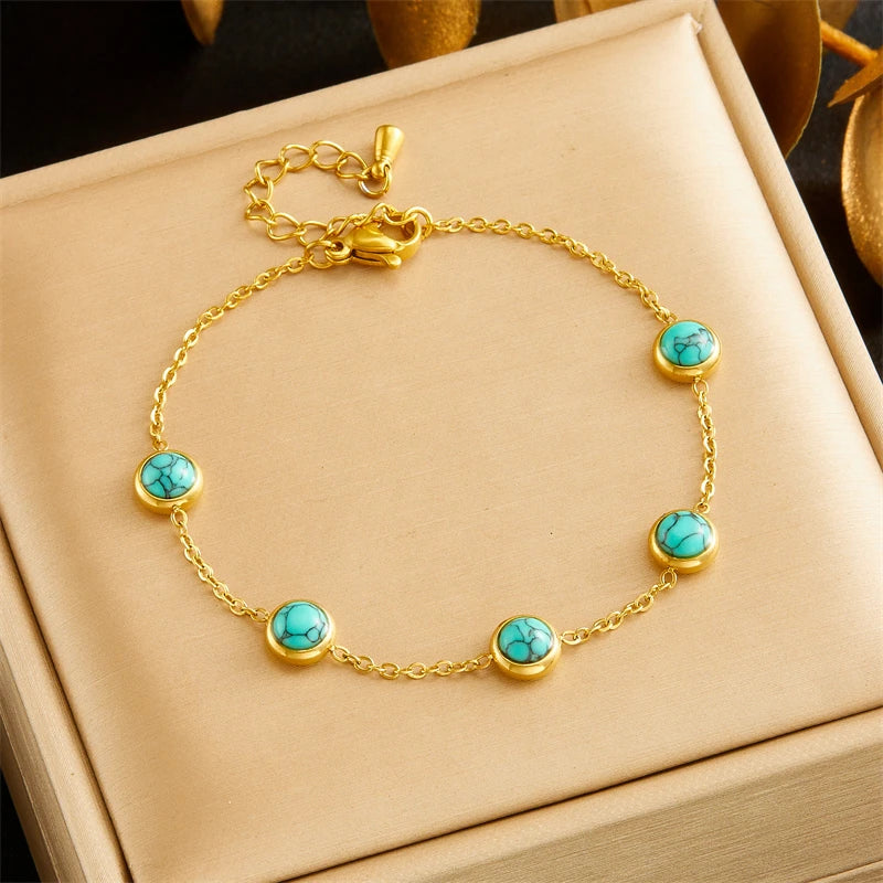 DIEYURO 316L Stainless Steel Round Turquoise Necklace Bracelet Earrings Suit For Womens 2024 New TrendNon-fadingjewelry Set Oasis Select