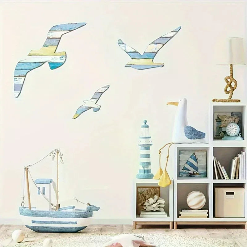 3pcs Wooden Seagull Wall Decorations Nautical Coast Theme Retro Beach Marine Bird Living Room Bedroom Decoration Oasis Select