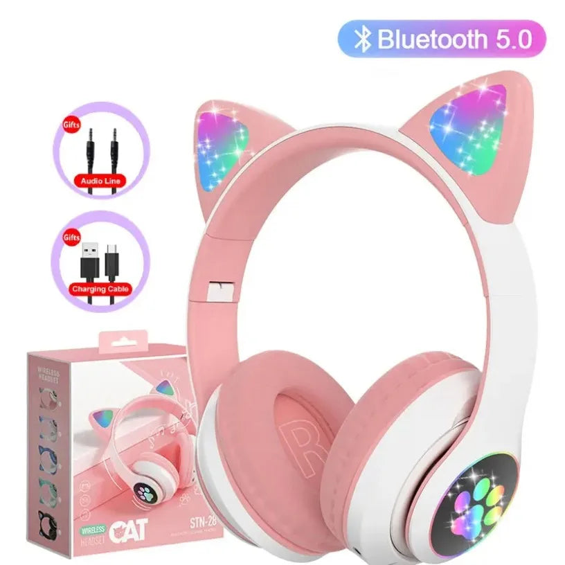 Bluetooth 5.0 Stereo With Mic Flash Lamp Cute Cat Ears Headphone Support TF Card Wireless Kids Girl Earphone Birthday Gift Oasis Select