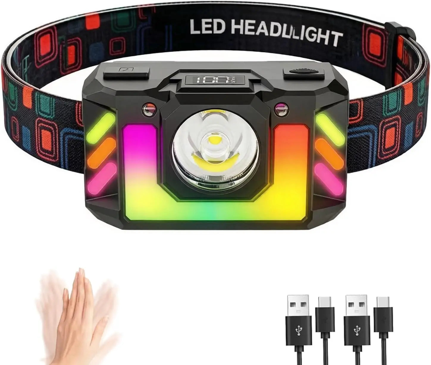 Rechargeable LED Headlamp, Super Bright Head Torch with 4 Modes and Multicoloured RGB Lighting, Sensor Control, Lightweight Oasis Select