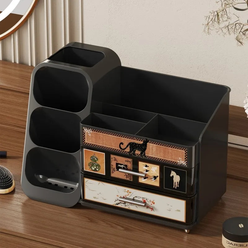 Dressing Table Storage Box Desktop Antique Style Cosmetics Dust-proof Drawer Style Organizing Box Lipstick Storage Rack Oasis Select