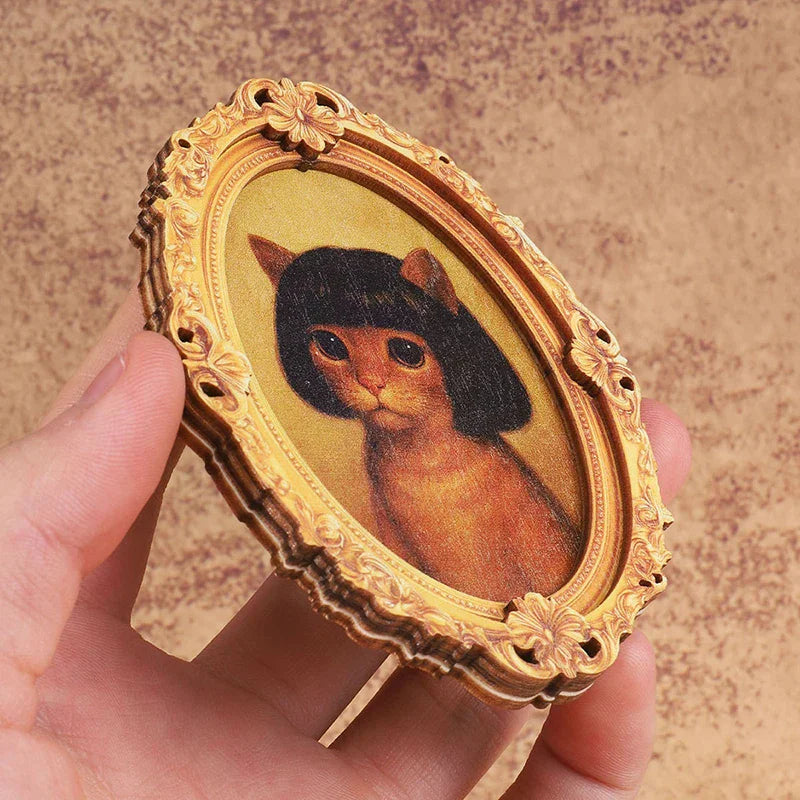 1Pc Mini Oval Retro Wooden Photo Frame Fridge Magnet Funny Cat & Haircut Modern Kitchen Decor Durable Refrigerator Ornament Oasis Select
