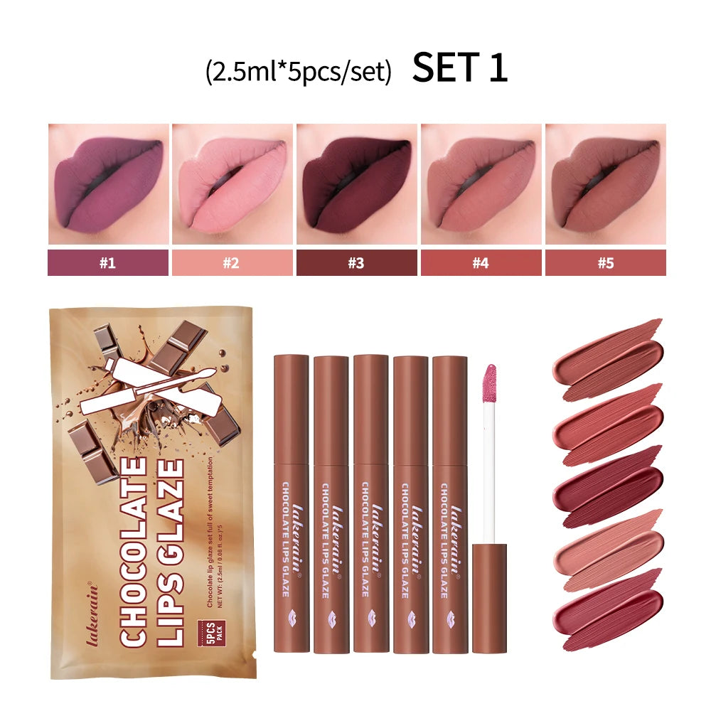 5-Pc Chocolate Matte Lip Gloss Set – Waterproof & Moisturizing Matte Lip Gloss Set Oasis Select 1