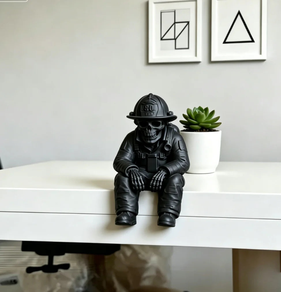 Spooky Skeleton Firefighter Shelf Decor Miniature Sitting Figurines Ornaments for Desktop Mantel & Halloween Displays Home Decor Oasis Select Firefighter black