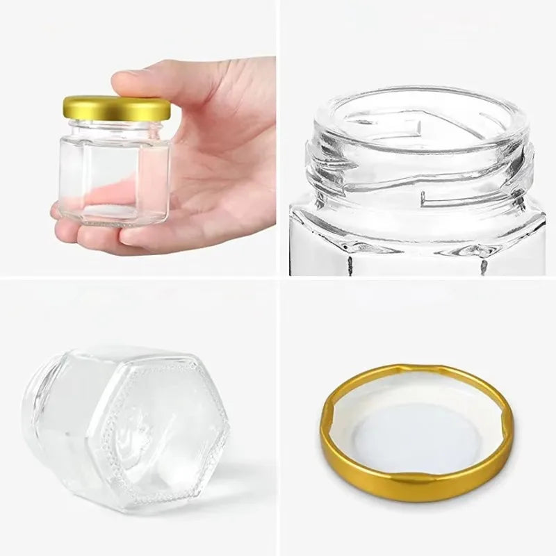 45ml Hexagonal Mini Glass Honey Jar with Wood Dipper Bee Pendants and Jutes Yogurt Pudding Glass Bottle Suitable for Party Gifts Oasis Select