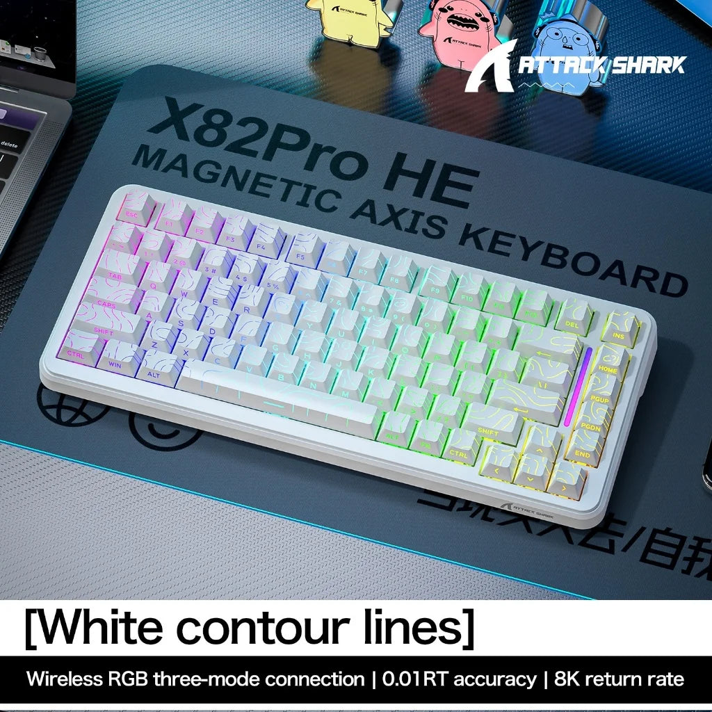 ATTACK SHARK X82Pro HE Wireless Magnetic Axis Gaming Keyboard 8KHz Rate 0.01mm RT Precision 5000mAh Tri Mode RGB 82 Keys PBT Oasis Select White contour lines