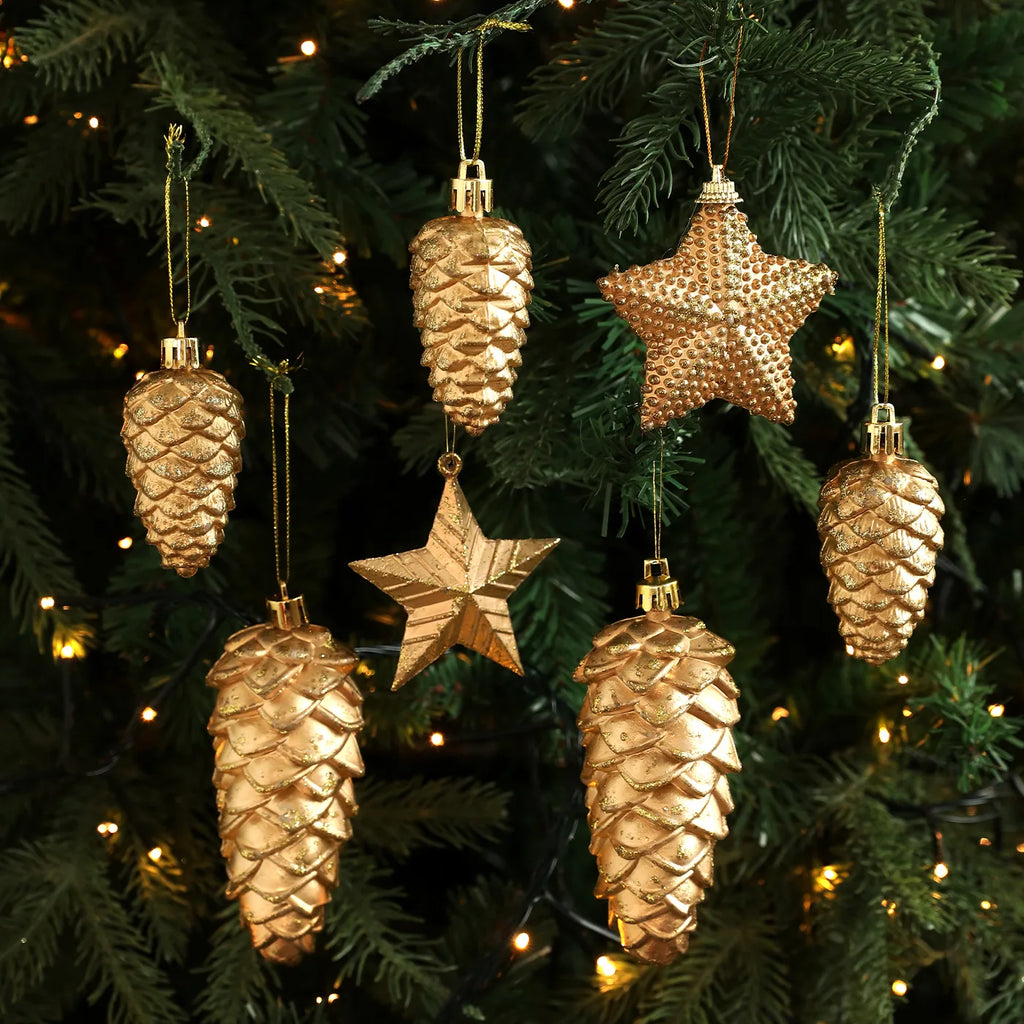 Retro Gold Glitter Christmas Pine Cone Ball Ornaments Star Hanging Pendants Merry Christmas Decoration for Home Xmas Tree Decor Oasis Select