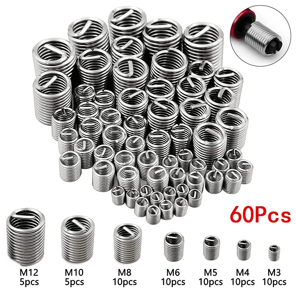 60Pcs Wire Thread Insert M3 M4 M5 M6 M8 M10 M12 Fastening Thread Insert Stainless Steel Spiral Wire Screw Sleeve Wear Repair Kit Oasis Select