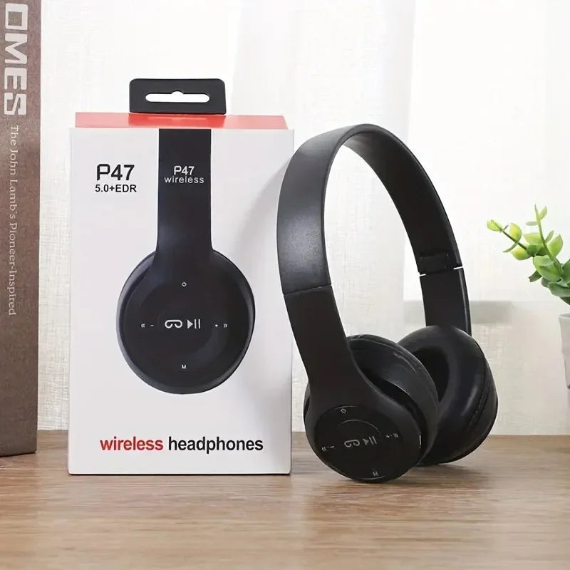 P47 Bluetooth 5.0 Wireless Headphone Foldable HIFI Stereo Bass Earphone Kid Helmet Gift With Mic USB Adaptor For iPhone Game Oasis Select black