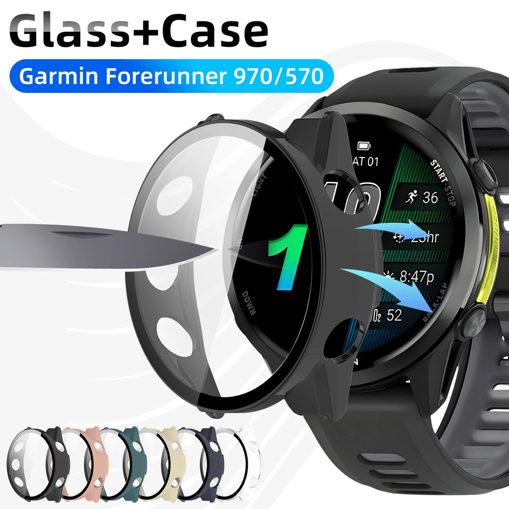 Garmin Forerunner 970 570 Tempered Glass & PC Bumper Case Watch Screen Protector Oasis Select