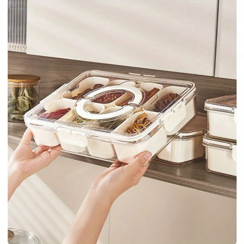 Divided Rotating Serving Tray with Lid and Handle, Portable Snackle Box for Fruits Snacks Veggie Charcuterie, Clear Snack Spinne Oasis Select