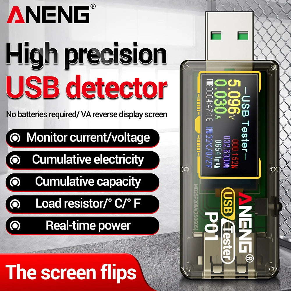 ANENG P01 USB Type-C Voltmeter Ammeter Capacity Tester High Precision DC 4-32V 0-6A Digital Power Bank Detector Tools Oasis Select