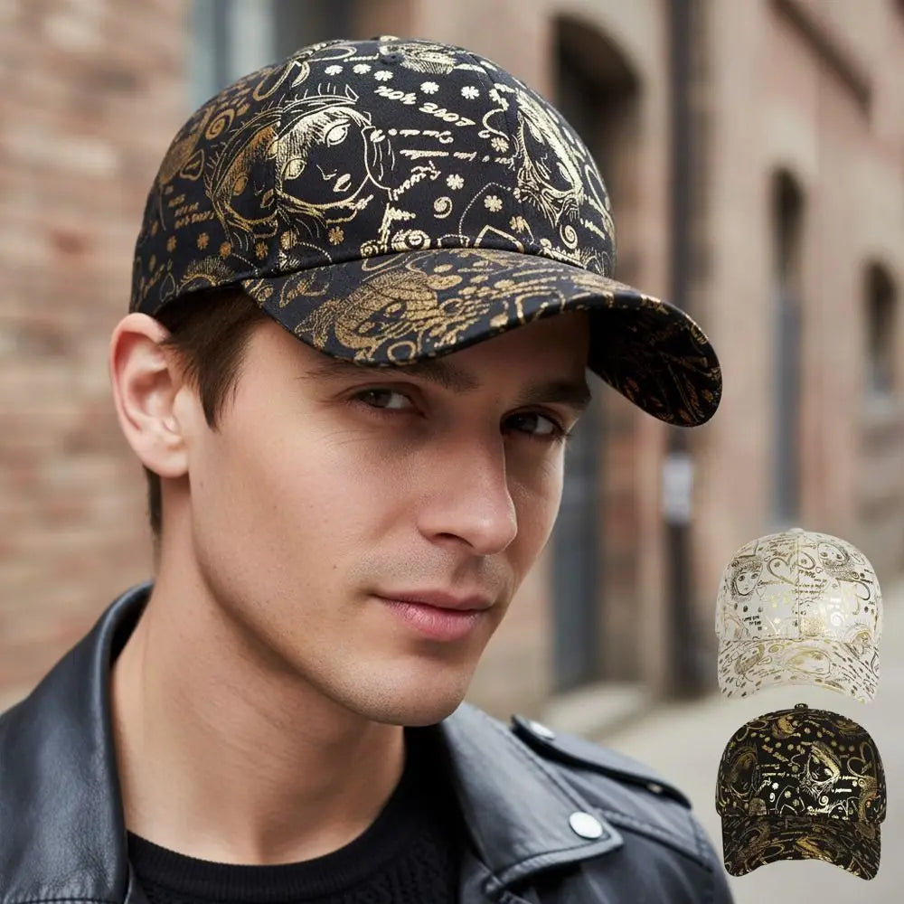 Golden Sketch Print Graffiti Baseball Cap Cotton Curved Brim Baseball Hats Adjustable Hip Hop Visor Cap For Man Women Unisex Oasis Select