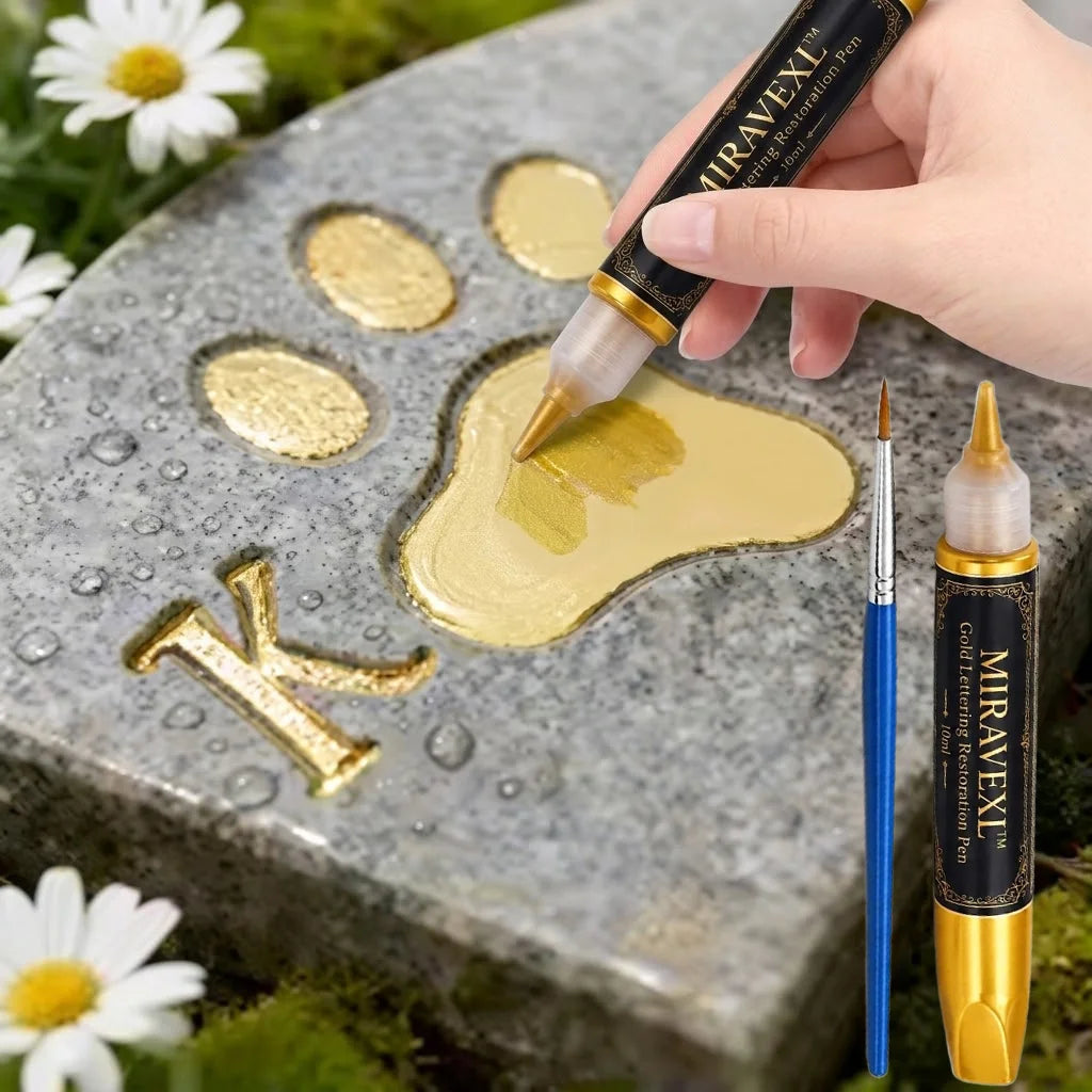 Headstone Paint Touch-Up Set - Professional Gold Ink Restoration Marker & Fine Brush For Memorial Engraving and Lettering Oasis Select