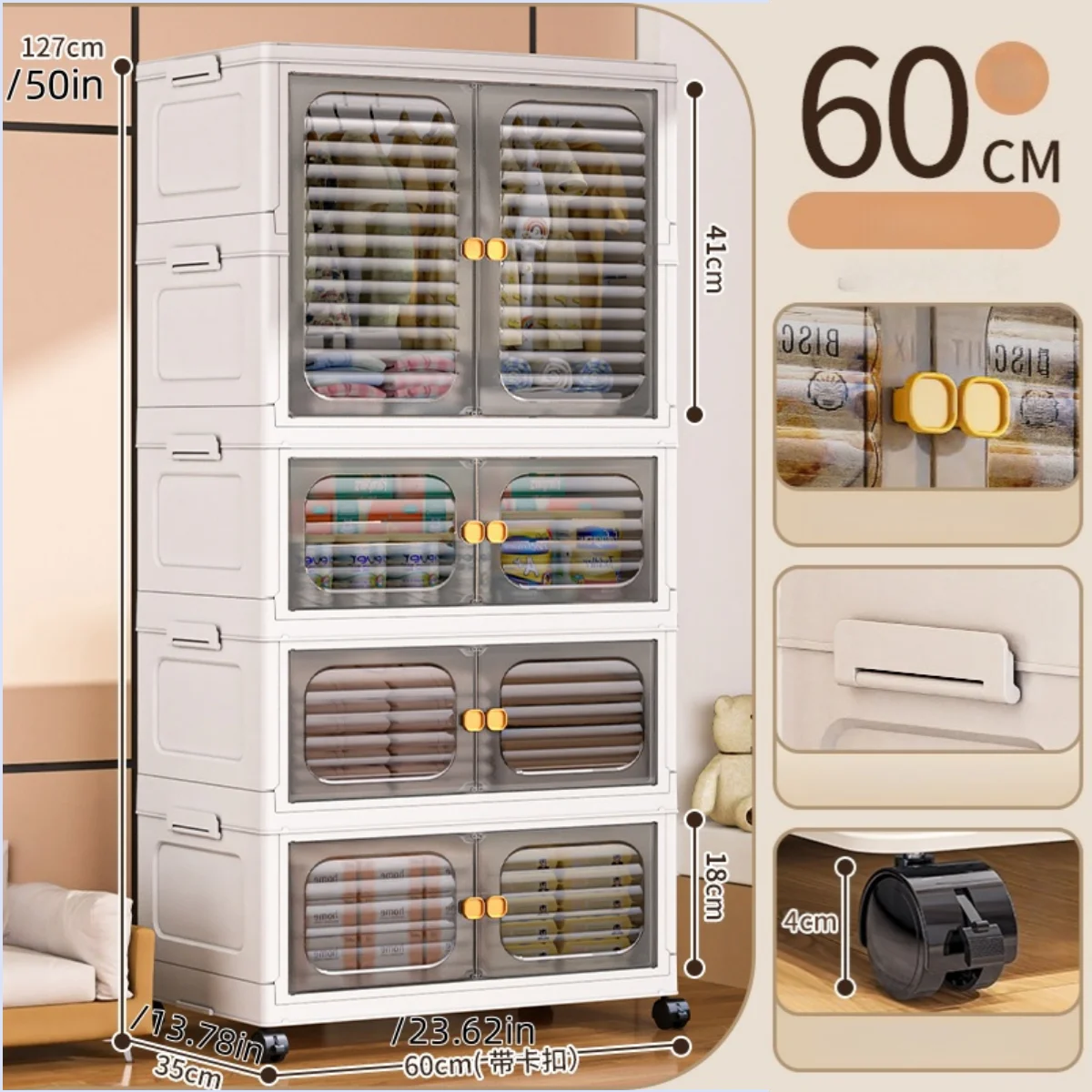 Foldable Cabinet,2-5 Tier, Multi-Combo,Rolling Mobile with Wheels,Heavy-Duty, Large Capacity,Bedroom/Living Room/Kitchen Storage Oasis Select 4Layers-gray