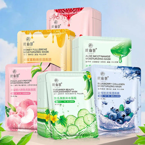 12 Pieces Blueberry Facial Masks Aloe Cucumber Peach Fresh Fruit Moisturizing Face Mask Sheets for Beauty Facial Skin Care Oasis Select
