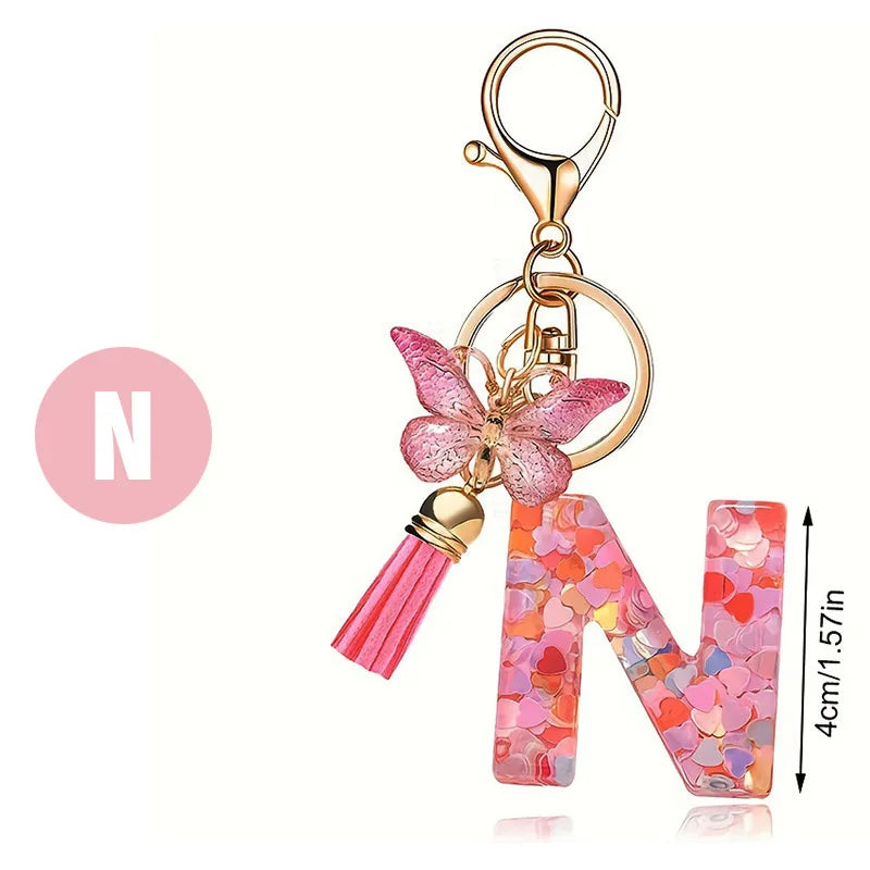 1pc Pink Glitter Letter Keychain with Heart Butterfly Tassel Crystal Resin Charm Fashion Accessory Gift for Women & Girls Oasis Select N