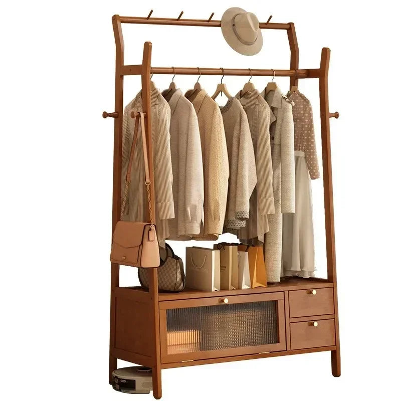 Multi-functional Bedroom coat hanger, floor-standing household mobile wheeled coat rack, retro indoor multi-functional coat rack Oasis Select