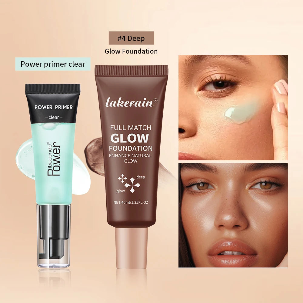 Powder Grip Primer Gel & Glow Foundation Makeup Kit Hydrating Smoothing Skin Lightweight Brighthen Shiny Fase Cosmetics Combo Oasis Select SET 4