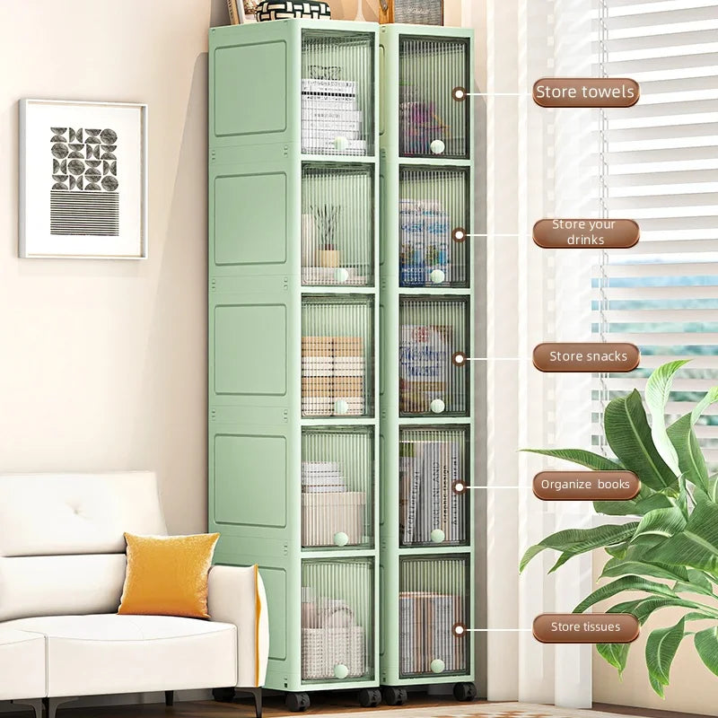 Slim Seam Cabinet Space-Saving Bookcase with Door Stackable Multi-Layer Rack Portable Movable Living Room Display Shelf Oasis Select