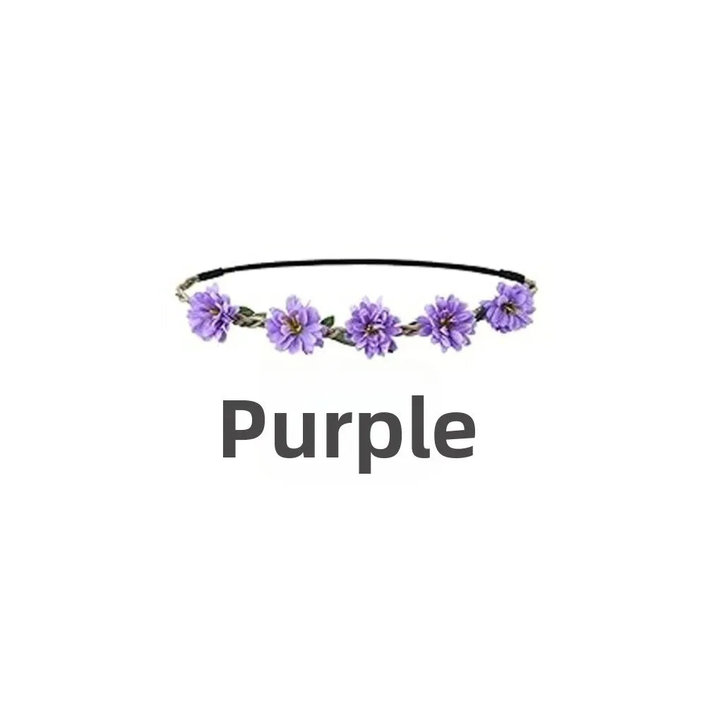 Pink Rose Floral Wreath Crown Hand Woven Adjustable Ribbon Bohemia Garland Headpiece Vintage Elegant Wedding Hair Accessories Oasis Select Purple