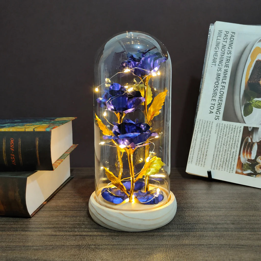 Graduation Season Teacher's Day Creative Gift Box for Women - Rose Flower Gift, Perpetual Flower Glass Cover with Three Artifici Oasis Select Blue Gold