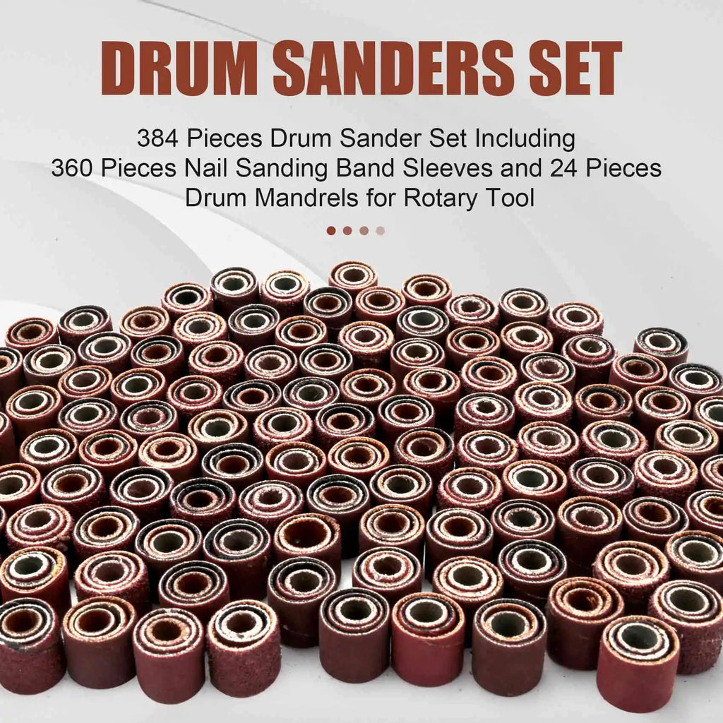 LIKE WISH 384 Pieces Drum Sander Set Including 360 Pieces Nail Sanding Band Sleeves And 24 Pieces Drum Mandrels For Rotary Tool Oasis Select