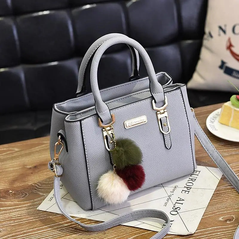 Women's PU Leather Tote Bag | Pom-Pom Crossbody Shoulder Handbag