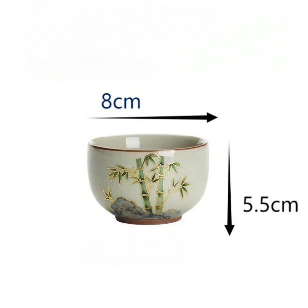 Bamboo Pattern Gold Rim Ceramic Tea Cups Hand-Painted Small Gongfu Teacups Premium Stoneware Drinking Cups for Home Office Gifts Oasis Select Bamboo cup <200ml