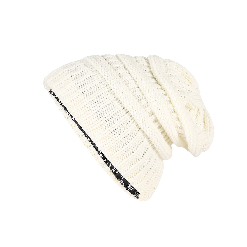Winter brimless hat with satin lining, twisted flower knit thick skull warm hat, cashew print lining Oasis Select WHITE