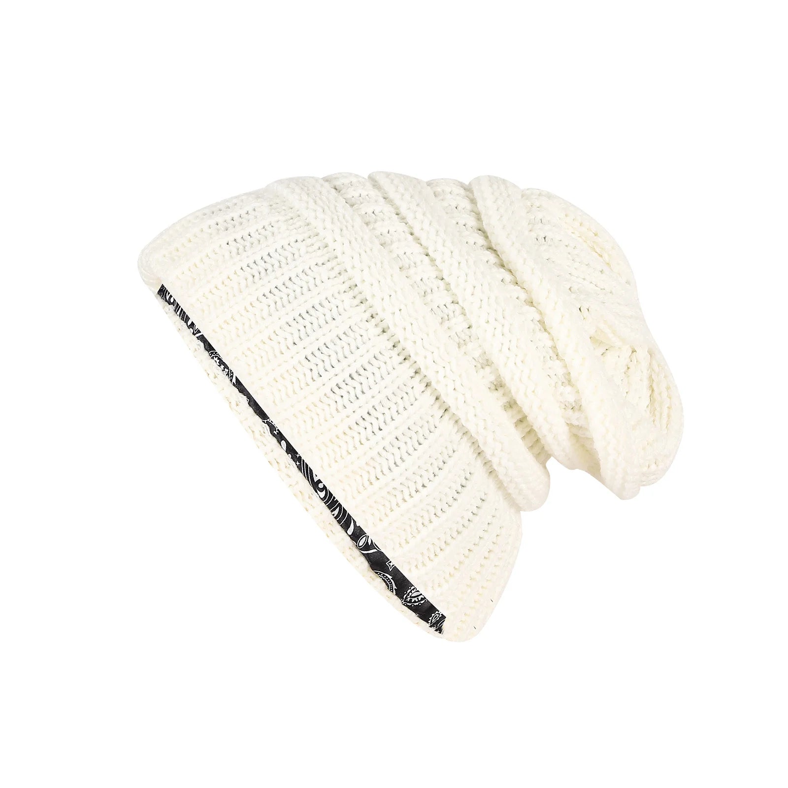 Winter brimless hat with satin lining, twisted flower knit thick skull warm hat, cashew print lining Oasis Select WHITE