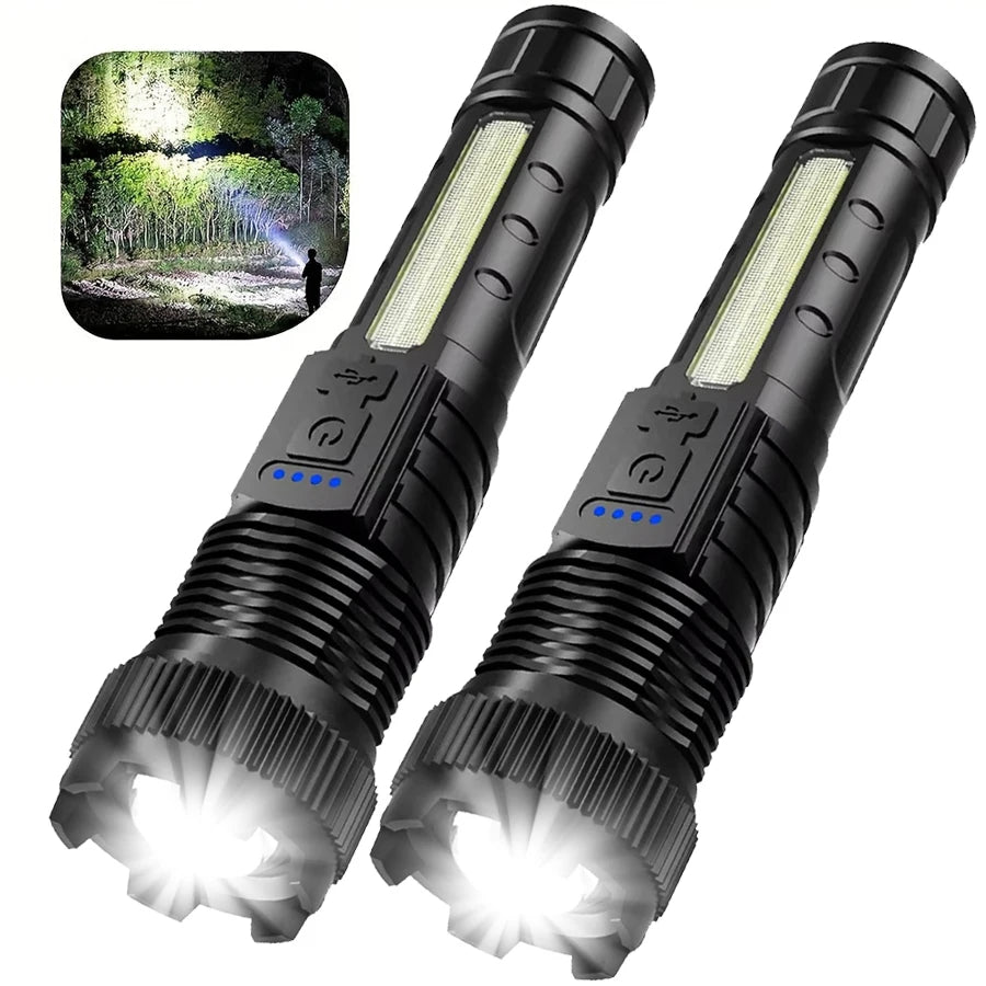Ultra-bright LED Zoomable Flashlight Type-C Rechargeable Tactical Torch Red Blue Double Flash Outdoor Camping Emergency Lantern Oasis Select 2PCS