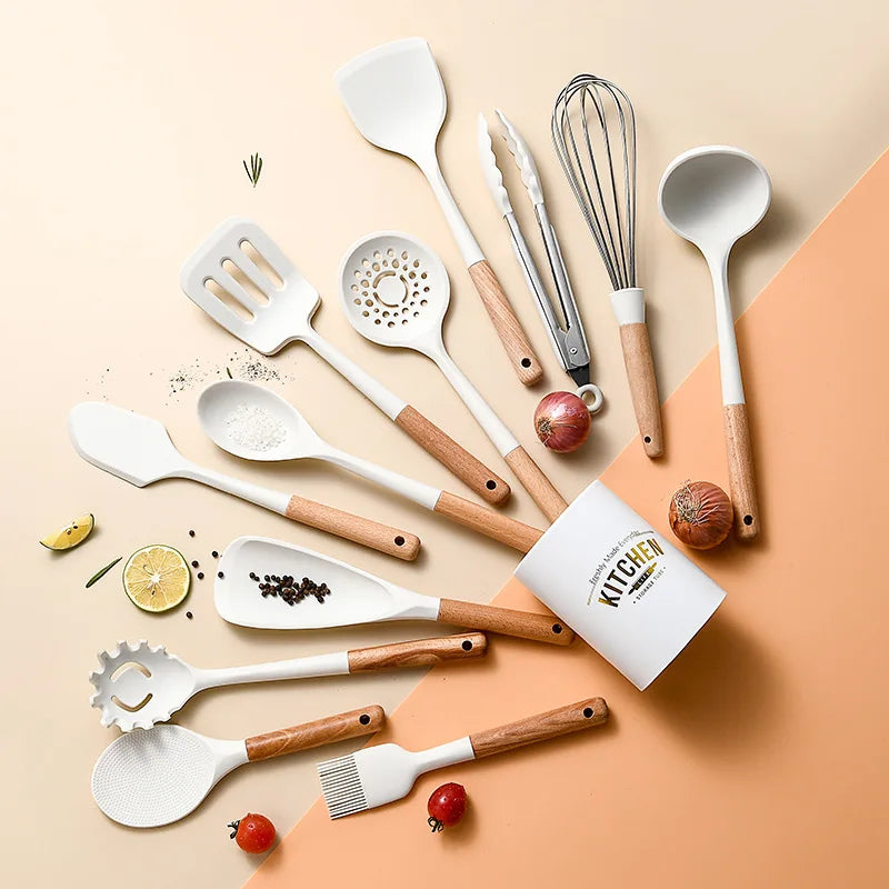 Silicone Kitchenware Non-stick Cooking Utensils Set Cookware Spatula Egg Beaters Shovel Stainless Steel Handle Kitchen Tool Set Oasis Select